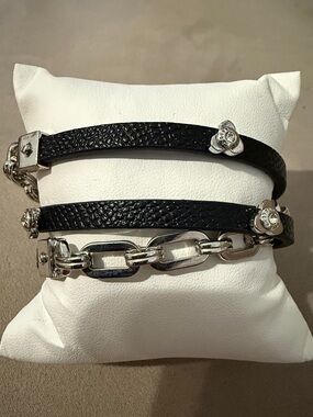 Henri Bendel leather/chain wrap bracelet black and silver tone